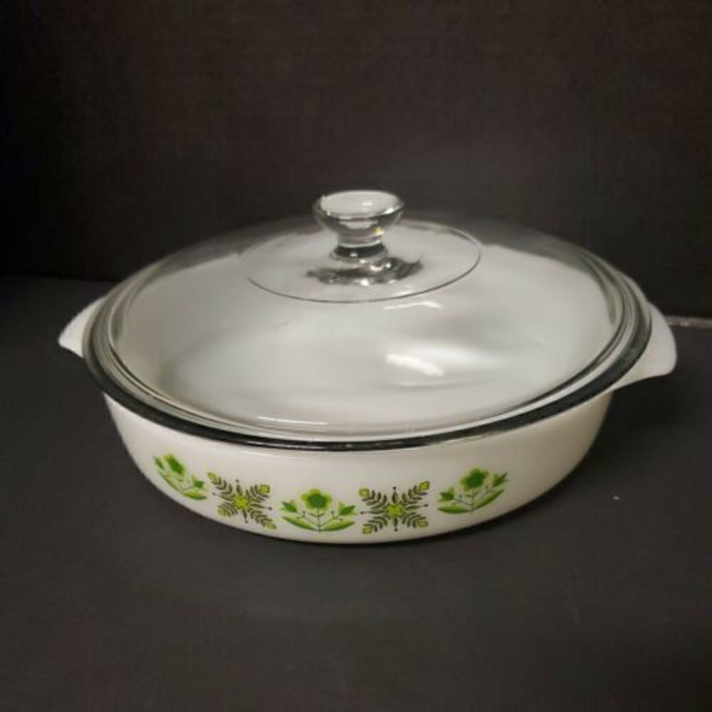 ANCHOR HOCKING MILK WHITE GLASS 1.5 QT Green Floral Pattern CASSEROLE DI…